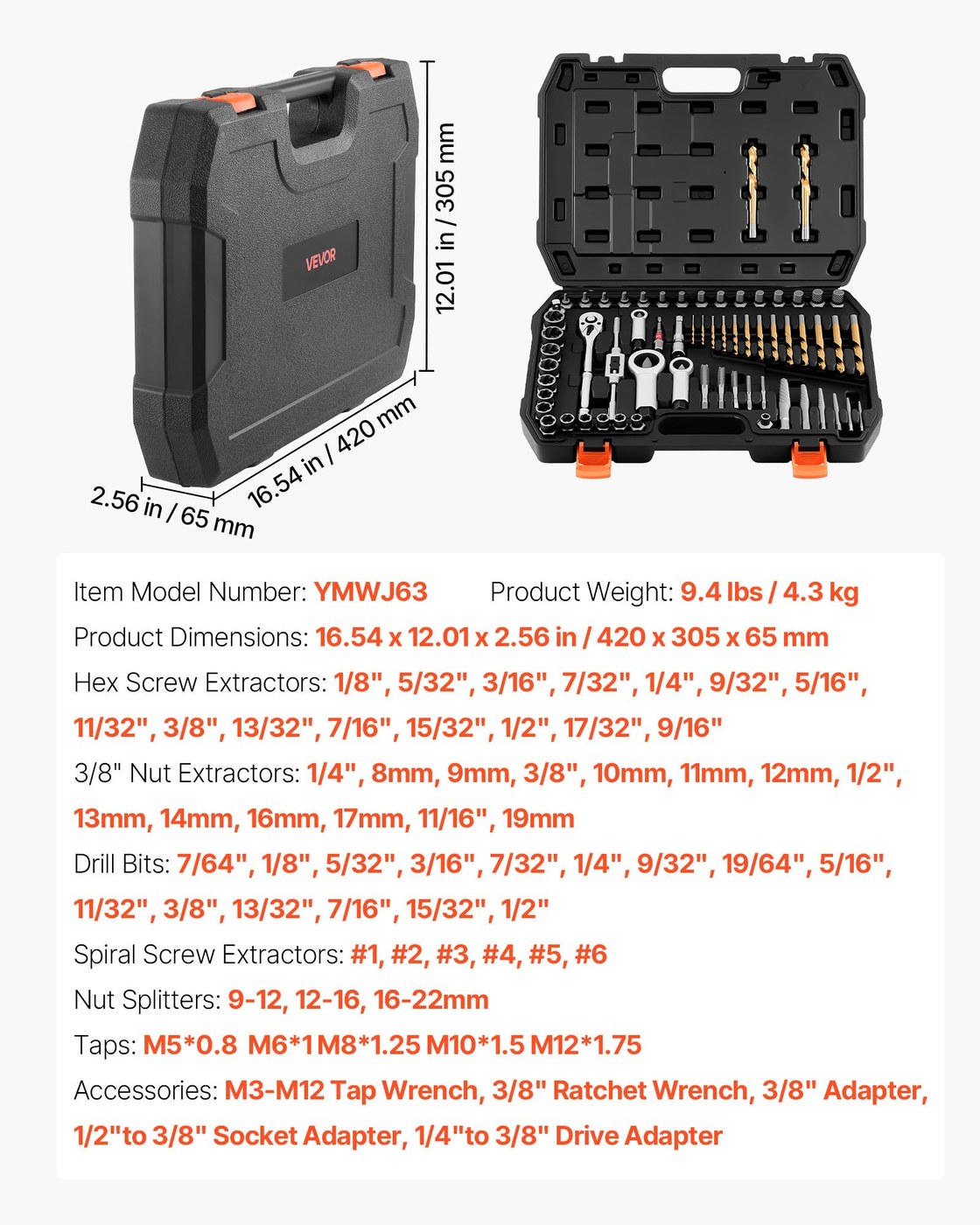 Screw Extractor Set, 63 Pieces, With Nut And Bolt Extractors, Nut Splitters, Taps, Drill Bits, Wrenches, Adapters, And Solid Storage Case, For Removing Rounded, Broken, Or Stripped Fasteners — Black