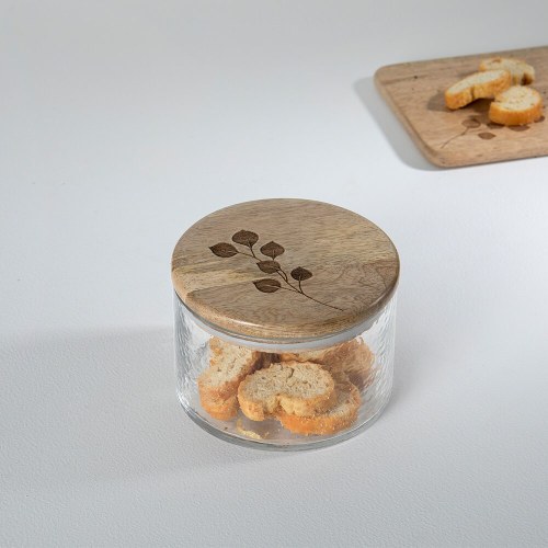 Leafy Twig Glass Jar Container With Wooden Lid-700 Ml — Eggshell