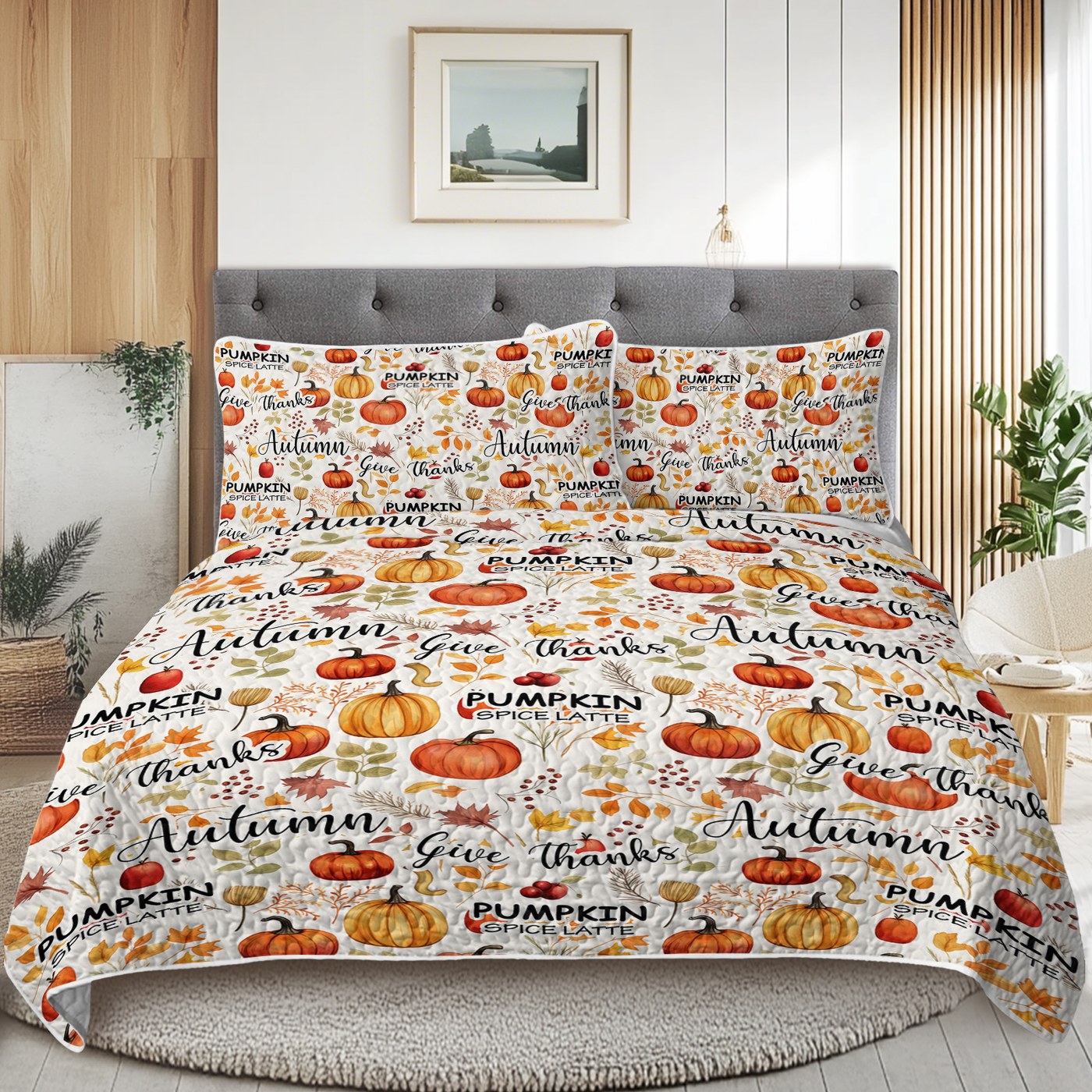Autumn Pumpkin Quilt & Pillow Sham Set — King