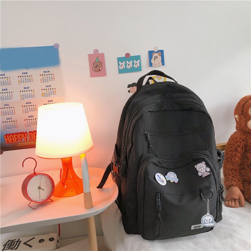 Multi-pocket Canvas School Backpack — Black