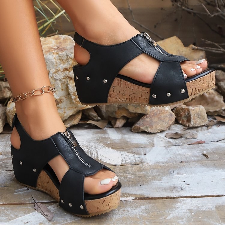 Zip-back Wedge Sandals — Black-40