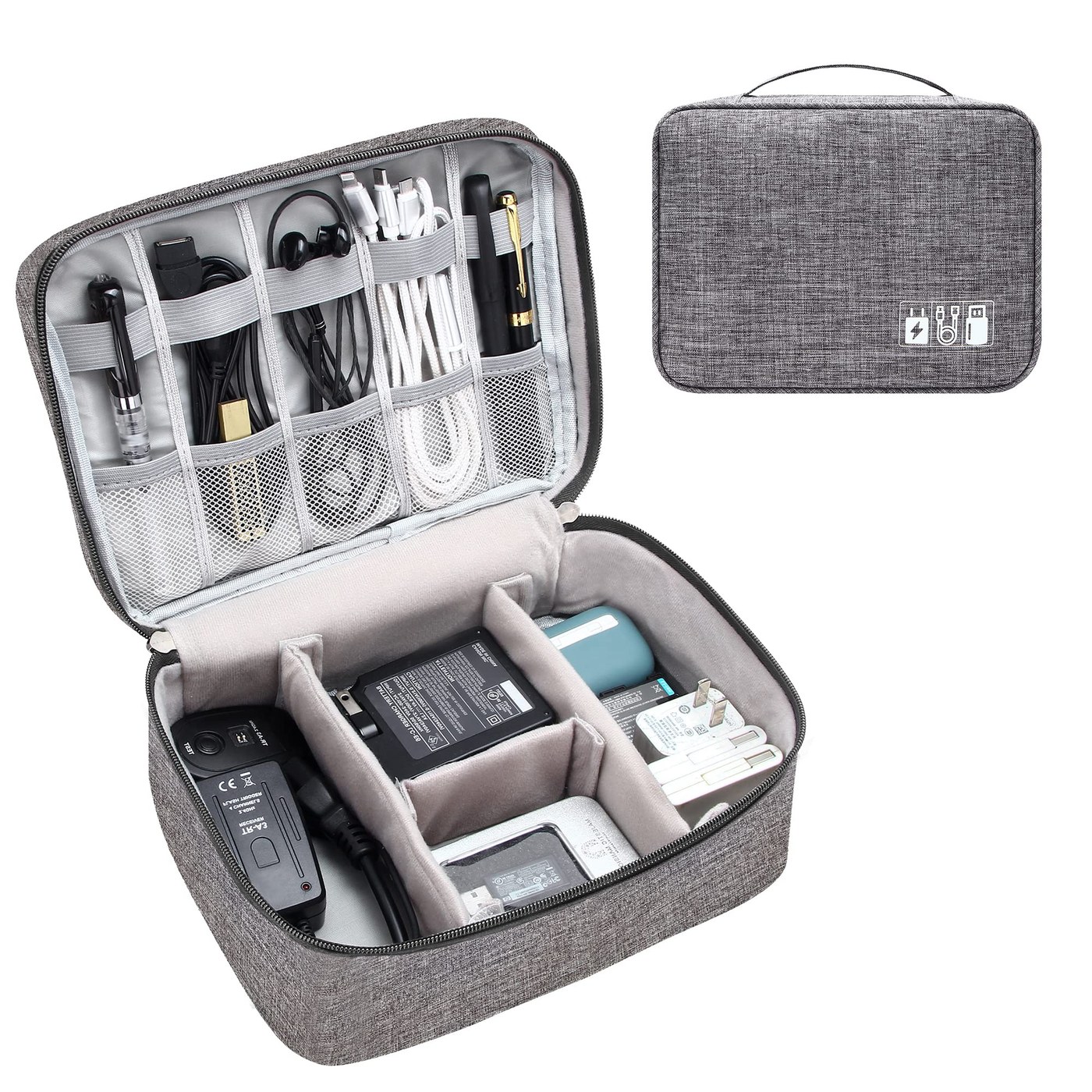 Travel Cable Organizer Bag with Padded Dividers — Grey