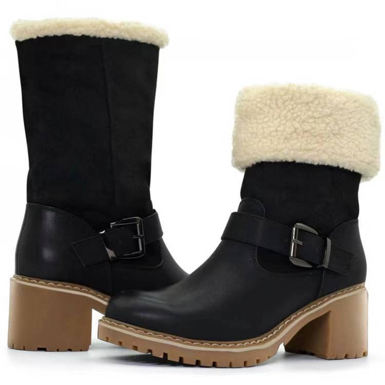 Fleece-cuff Block-heel Winter Boots — Black-39.