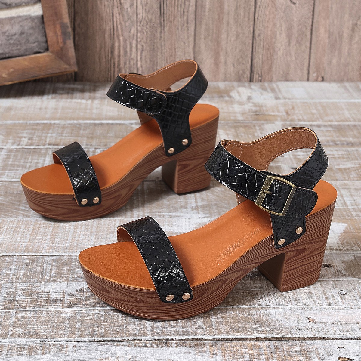 Buckle-strap Block-heel Sandals — Black-40
