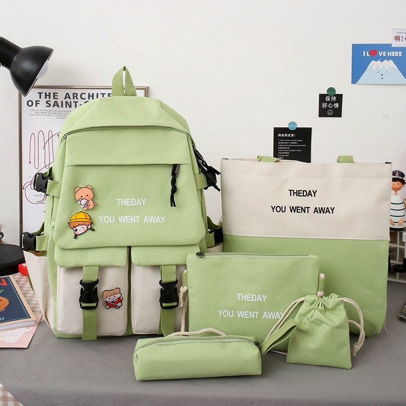 Five-piece School Backpack Set — Green