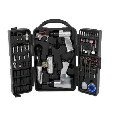 71 Piece Air Tool And Accessories Kit, Impact Wrench, Air Ratchet, Die Grinder, Aire Hammer, Hose Fittings, Storage Case — Black and Silver