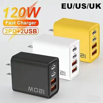 120W USB-C Charger 4 Ports PD Quick Charge 3.0 Type-C USB Phone Chargers Fast Charging Adapter For IPhone17 16 15 Xiaomi Samsung