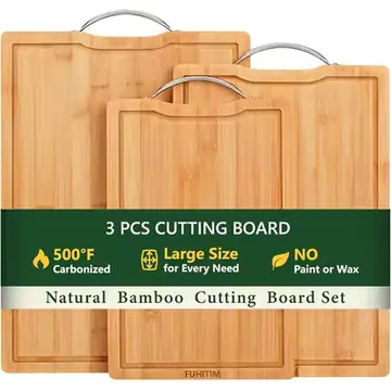 Bamboo Cutting Board Set for Kitchen with Double Sided Deep Juice Grooves & Easy Hang Handle, Chopping Board for Meat Vegetables