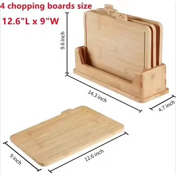 12.6"L X 9"W Bamboo Cutting Board Set Of 4 - Wood Cutting Board Set With Holder, Chopping Boards Set With Food Icons