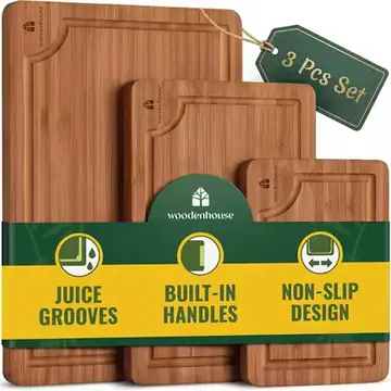 Bamboo Cutting Board Set of 3 with Juice Grooves for Kitchen, Large Chopping Boards for Meat, Vegetables, and Fruits