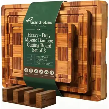 Checkered Cutting Board Set with Holder, Set of 3 Heavy Duty End Grain Butcher Block Boards for Kitchen, Bamboo Chopping Boards with Juice Grooves and Handles for Meat, Vegetables and Meal Prep