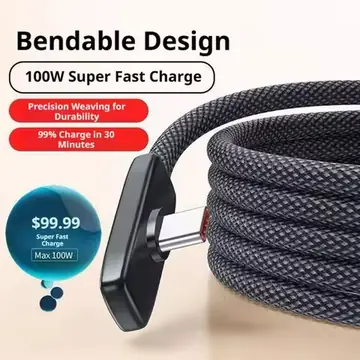 Type C Charging Cable 90 Degree Right Angle Braided Wire 100W Super Fast Charging Wear Resistant Data Cable For Mobile Gaming
