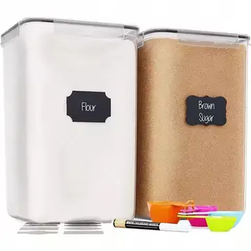 Extra Large Flour And Sugar Storage Containers Set Of 2 Modern Clear Plastic Bulk Airtight Food Containers Airtight Lids Chalkboard Labels Chalk Marker Measuring Cups For Kitchen Pantry Housewarming Gift