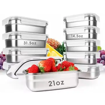 10PCS 304 Stainless Steel Food Storage Containers with Airtight Leakproof Lids, Stackable Bento Lunch Box for Meal Prep, Reusable Metal Containers, Oven/Dishwasher/Freezer Safe(31.5/21/14 Oz)