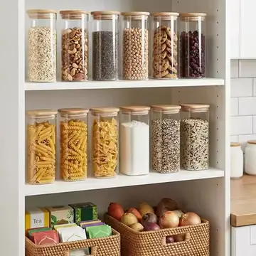 Glass Food Storage Containers Modern Nordic Kitchen Storage Canister Clear Glass With Bamboo Lid 6Pcs Set 1L 34oz Airtight Leakproof For Kitchen Pantry Organization Flour Pasta Coffee