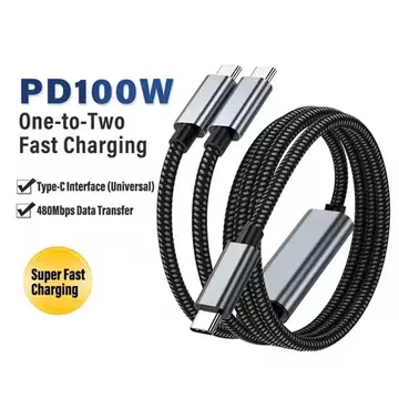 2 in 1 Nylon 100W USB C To 2 Type C Super Fast Charging Data Type C Cable For iphone 17 16 15 Pro Max Samsung S26 S25 Xiaomi