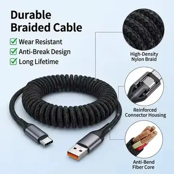 100W Fast Charging USB A Type C Spring Cable Retractable Car Charger Cable Nylon Braided Data Cord for iPhone Samsung Xiaomi