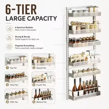 6PCS/set Over The Door Storage Organizer Space Saving Metal Seasoning Racks Kitchen Cabinet Door Spice Jar Organizer Removable for Kitchen, Bathroom, and Bedroom.