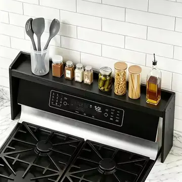 Over The Stove Spice Rack Shelf Modern Black Bamboo Over Stove Top Shelf Organizer 31.5 Inch Kitchen Spice Bottle Storage Rack Stand For Over Oven Back Of Sink Countertop Organization Housewarming Gift