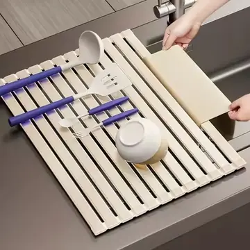 Foldable Heavy Duty Roll-Up Dish Drainer - Space Saving Adjustable Height Heat Resistant and Detachable Sink Storage Rack Withr