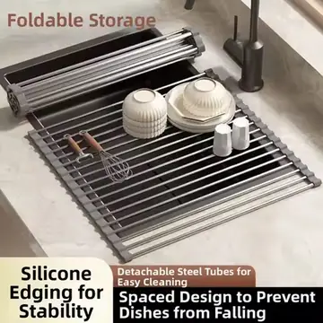 Rustproof Sink Drain Rack Space Saving Easy Clean Dish Drainer Foldable Multi-Functional Roll Up Dish Rack Over Sink
