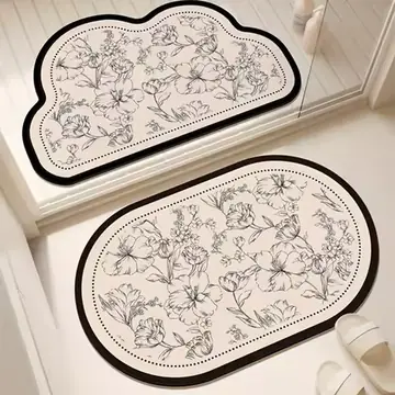 Rubber Material Super Anti-Slip Bathroom Mat, Quick-Absorbing and Quick-Drying Floor Mat, French Black and White Printed Mat