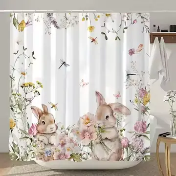 VIKAMA Easter Bunny Shower Curtain Floral Butterfly Waterproof Mould-Resistant Privacy Screen with Hooks Room Divider Home Decor