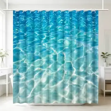 Clear Blue Water Ripple Shower Curtain, Refreshing Turquoise Pool Water Surface Print Waterproof Fabric Bath Curtain with Hooks