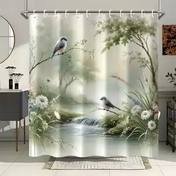 Peaceful Stream Shower Curtain Waterproof Fabric Bathroom Curtains Blue Bird and Flower Bath Screen Divider Home Decor