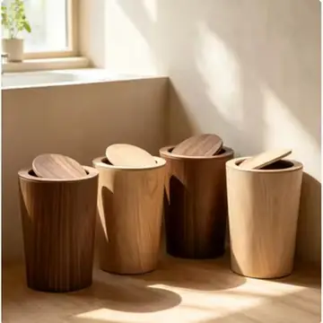 Wood Trash Can With Lid Kitchen Garbage Bin Office Bathroom Indoor Waste Storage Basket Home Decor