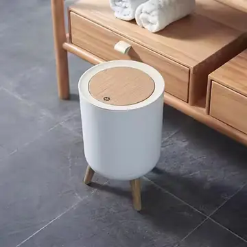 7L Round Wood Grain Trash Can Press Type Garbage Can Nordic Waste Basket With Legs Plastic Trash Bin for Bathroom Living Room