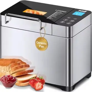 Bread maker for home baking, stainless steel body with ceramic pan, black color, 17-in-1 smart functions including automatic nu