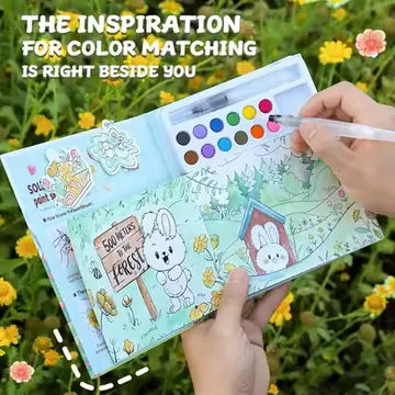 Children's Watercolor Coloring Set with 12-Color Pigment Color Blocks and Dip Pens