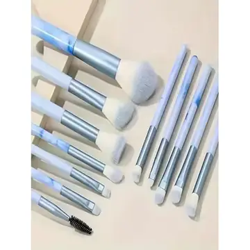 10/12-Piece Blue Makeup Brush Set - Powder Puff & Cleaning Pad - Synthetic Brushes for Powder & Blush