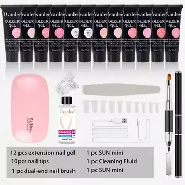 Ovanlee 18-Piece All-in-One Nail Builder Gel Kit – 12 Colors 15ml Polygel with Mini UV/LED Lamp, Cleaning Fluid, Nail Tips & Tools – Form-Free DIY Manicure Extension & Strengthening Set