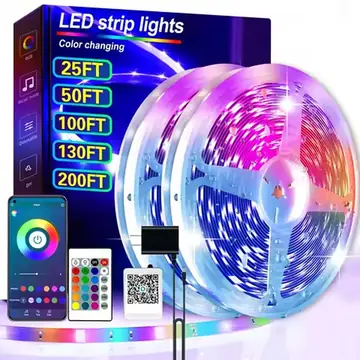 25/50/100/130/200FT RGB LED Smart Light Strip, App & 24-Key Remote Control, Music Sync, 24V, Multiple Modes for Living Room Bedroom Courtyard Party Halloween Christmas Decor