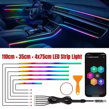 2/6 in 1 Car Interior LED Ambient Lighting Kit, USB Powered Flexible Neon Strip, APP Control RGB Sound Music Sync, Car Center Console Dashboard Atmosphere Lights