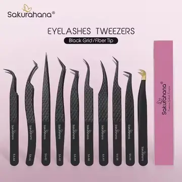 SAKURAHANA Professional Eyelash Tweezers Black Fiber Tip For Lash Extensions Mega Volume Mink Lashes Tool Makeup Artist Kit