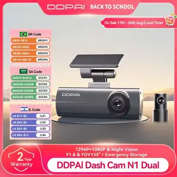DDPAI Dash Cam N1 Dual Front & Rear Recording NightVIS 1296P Dash Cam Recorder Car DVR App Control