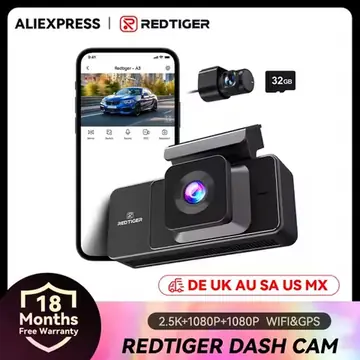 REDTIGER A3 3 Cameras Front/Cabin/Rear Cam Dash Cam Dash Camera Built-in 5.8Ghz WiFi GPS Car DVR Night Vision Parking Monitor