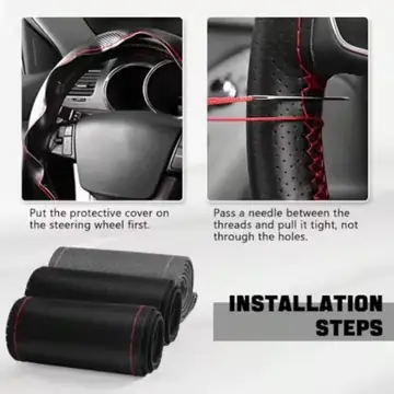 Leather Steering Wheel Cover Stitch On Wrap 15 Inch Steering Wheel Wrap Universal For Car Truck SUV Breathable Anti-Slip DIY Sewing With Needle Thread Black+Red