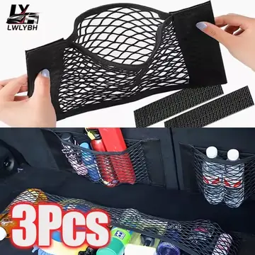 Car Trunk Net Car Double Storage Network Bag Auto Seat Back Fixed Mesh Pocket Universal Car Elastic Velcro Straps Net Organizer