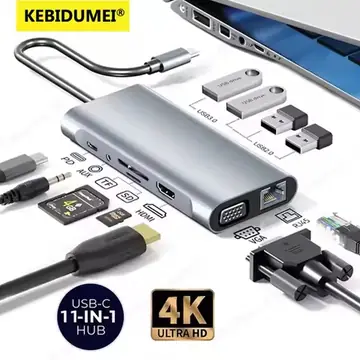 KEBIDUMEI 11 Ports USB C HUB Docking Station RJ45 Adapter to HDMI-Compatible 4K VGA SD/TF Card 3.5MM AUX for PC Laptop Splitter