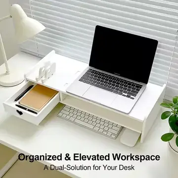 2-Tier Monitor Stand Riser with Drawer, Desktop Heightening Holder, Computer Screen Shelf, Desk Storage Organizer for Space Savi