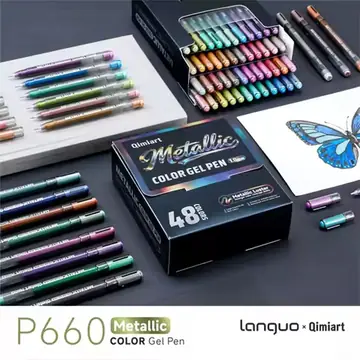 LANGUO 48Colors Metallic Glitter Colors Gel Pens Set 1.0mm Metal Glitter Ballpoint Pen For School Coloring Drawing Art Markers