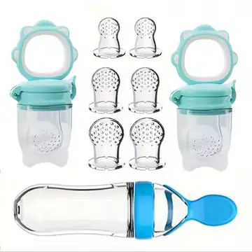 9pcs Feeding Cutlery: 1 Silicone Feeding Bottle with Spoon and Suction Cup for Rice Cereal, 2 Fruit and Feeders, 6 Nipples(SML)