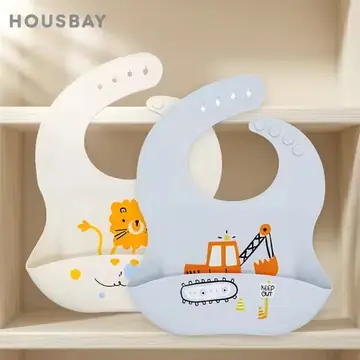 Waterproof Bibs For Kids Feeding Baby Eating Stuff Soft Silicone Babeast Cartoon Printed Adjustable Baby Tasting Feeding Bibs