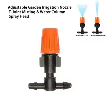 1/4" Adjustable Misting Spray Nozzle T‑Connector Drip Irrigation Sprinkler Head For Garden Greenhouse Lawn Flower Plant Watering