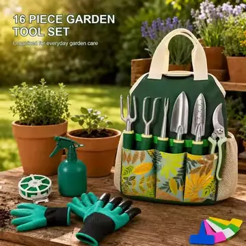 16 Piece Garden Tool Set Aluminum Alloy Gardening Hand Tools Kit with Floral Tote Bag Gloves Spray Bottle Plant Labels Twist Tie Trowel Transplanter Weeder Cultivator Hand Fork and Pruning Shears for Planting Weeding Pruning