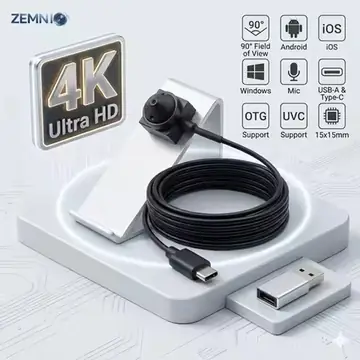8MP 4K/2MP 1080P Mini Webcam 3.7mm Lens 90°, USB Camera with Mic, OTG, 15x15mm Size, UVC Plug & Play for IOS/Android/Windows